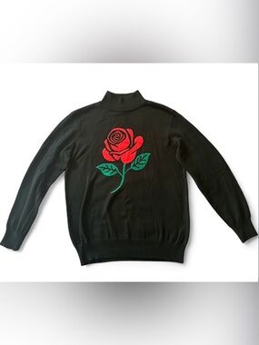 Men's Black Turtleneck Sweater with Red Rose Intarsia